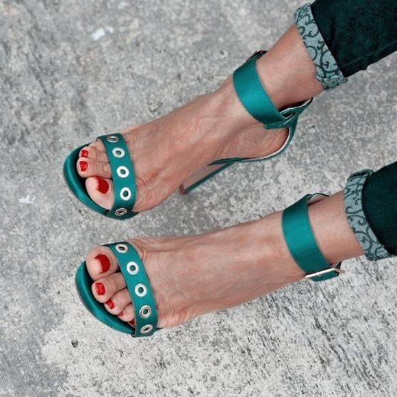 Women's Strappy Ankle High Heel Sandals Teal Color - Picture 3 of 7